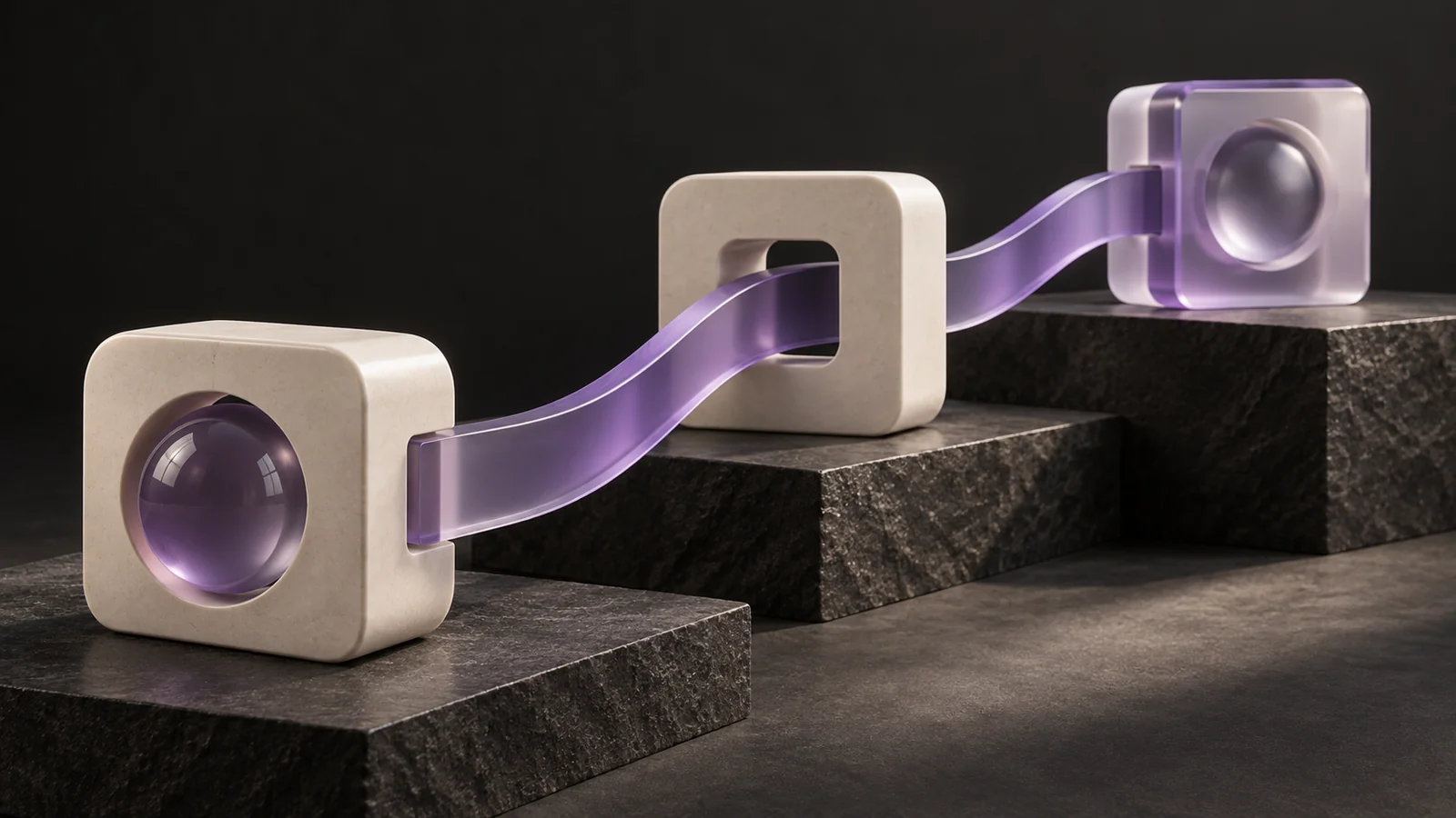Modules on different levels connected by one continuous violet ribbon
